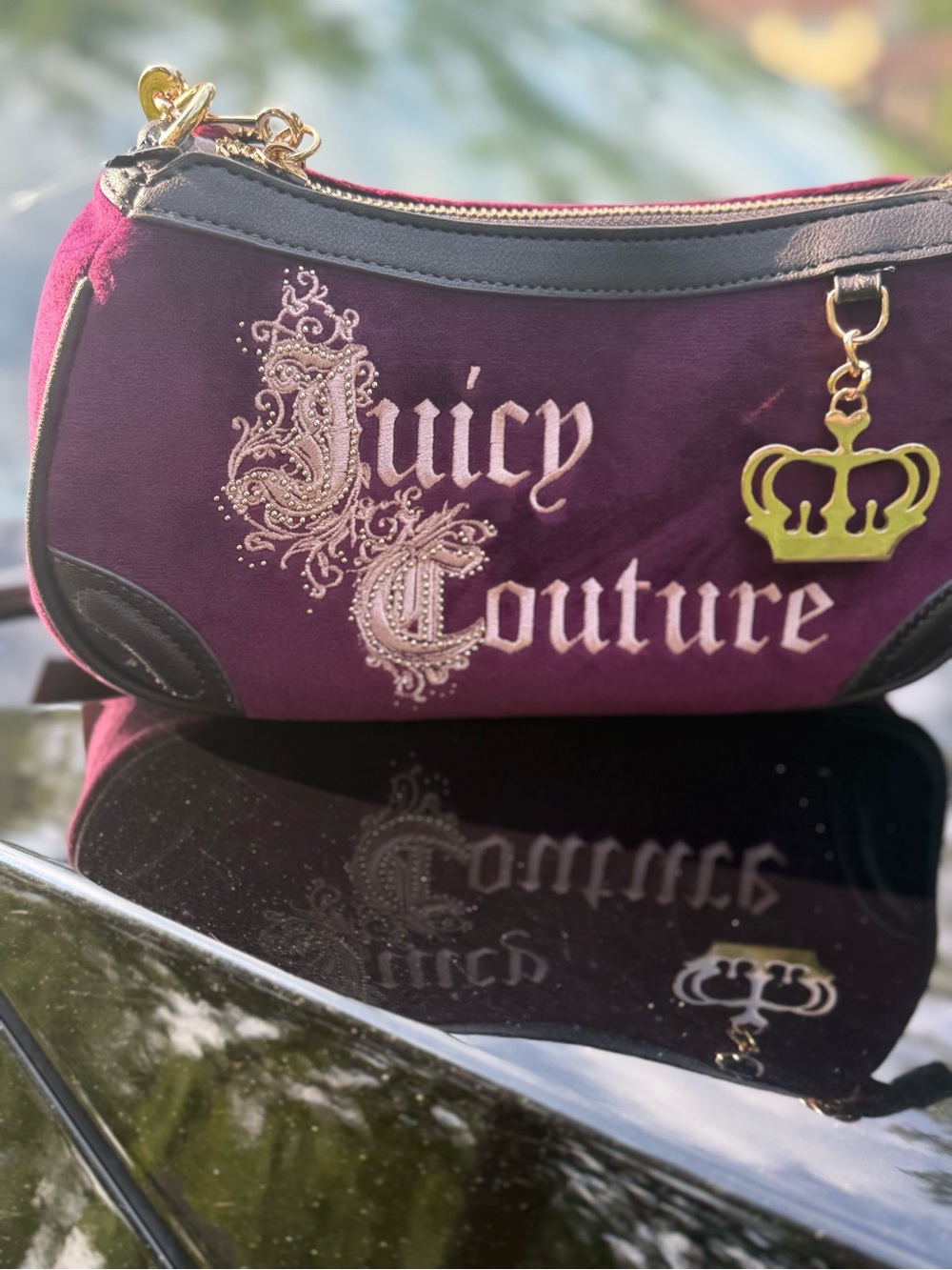 Juicy Couture Plum Velvet Logo shoulder bag with Gold Crown Charm